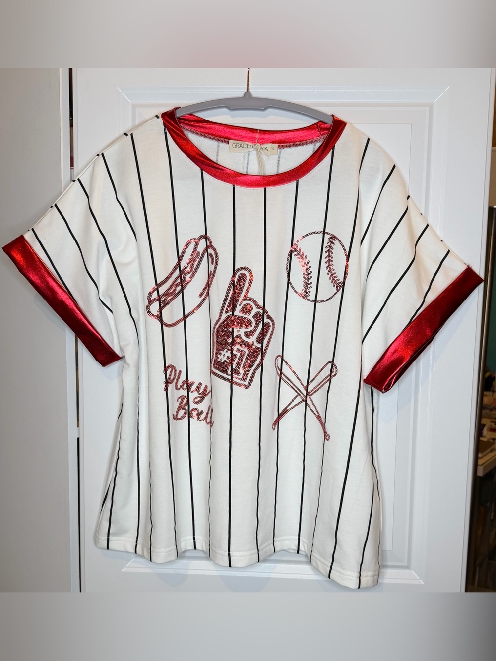 NWT Grace & Emma Baseball Sequin Graphic Pinstripe Top Women’s